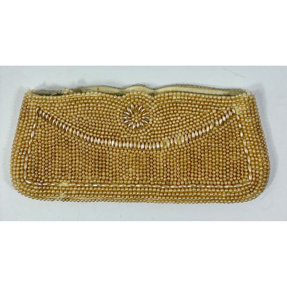Vintage Made in Japan Faux Pearl Beaded Clutch Floral Evening Bag Cream 8x3